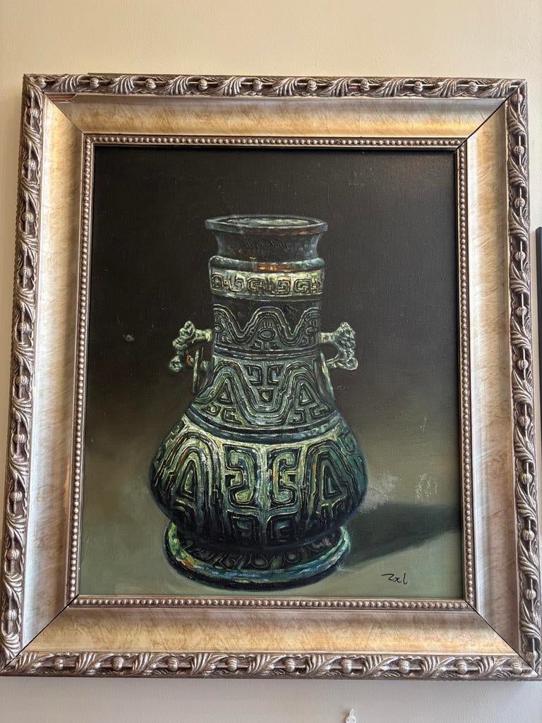 Gesigneerd schilderij Chinese bronzen vaas olieverf in lijst, Ophalen of Verzenden