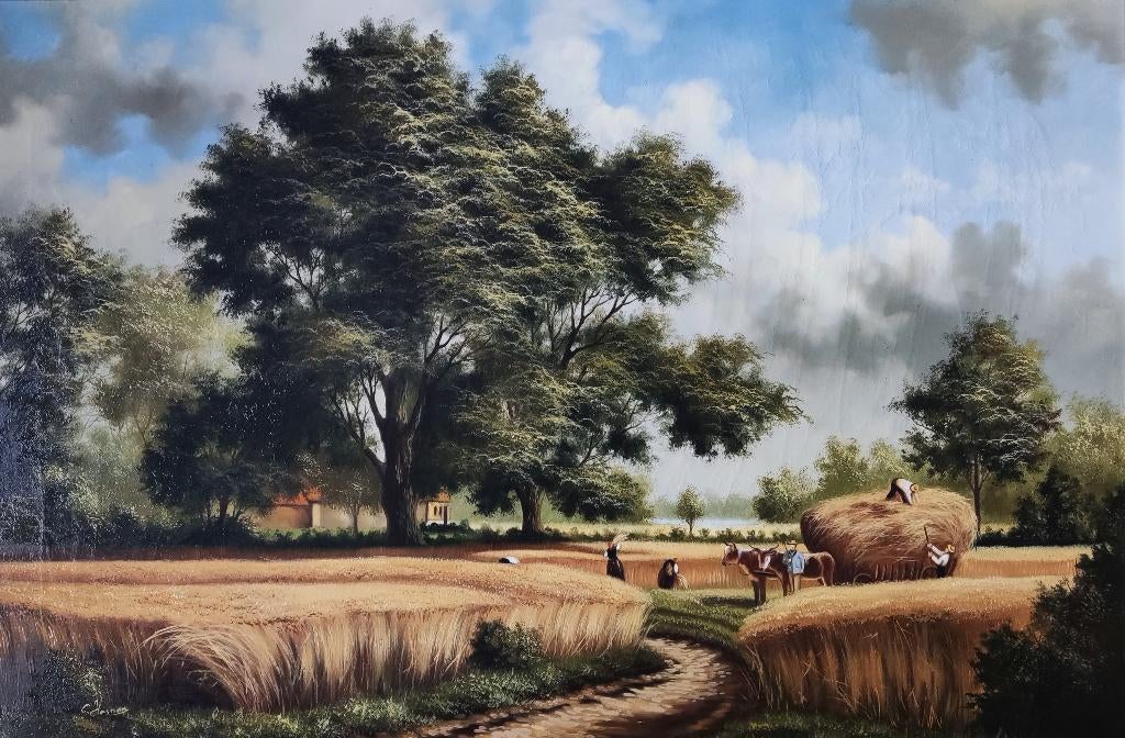 Hollandse School (XX) C. Hosman - Landschap met hooiwagen, Antiek en Kunst, Ophalen of Verzenden