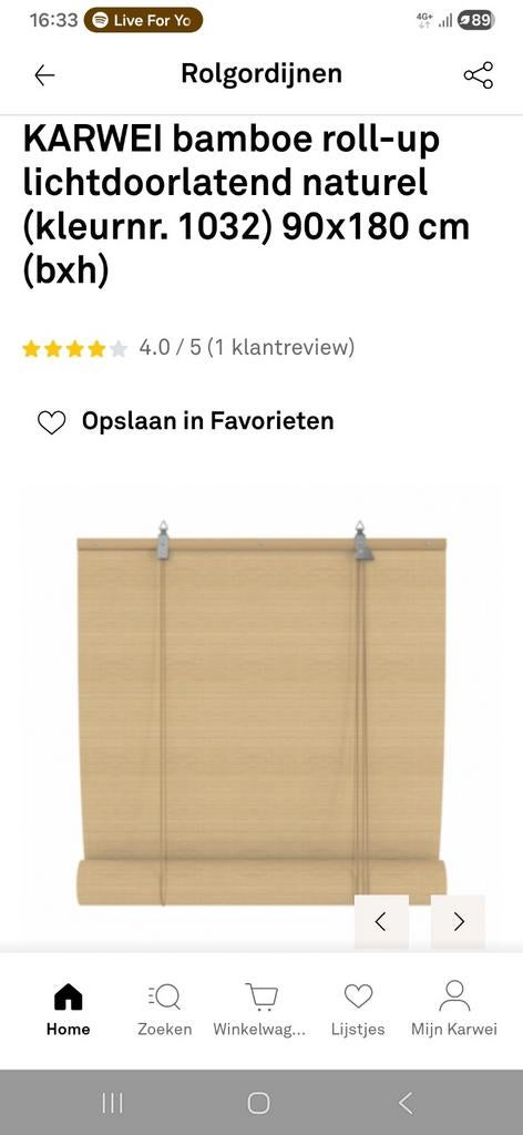 Bamboe rolgordijn 90x180 cm, Ophalen of Verzenden, 50 tot 100 cm, 150 tot 200 cm