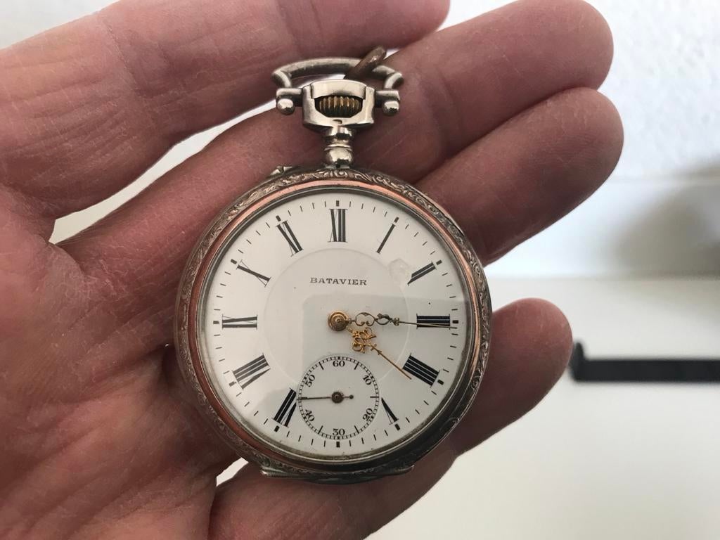 Antiek Batavier Zakhorloge met Paarden Gravure, Overige merken, Zakhorloge, 1900 tot 1930, Ophalen of Verzenden