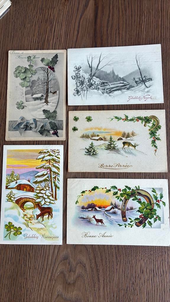 5 kaarten Nieuwjaar.Herten in sneeuw,klaver 4,hulst,hoefijze, Ophalen of Verzenden, Feest(dag)