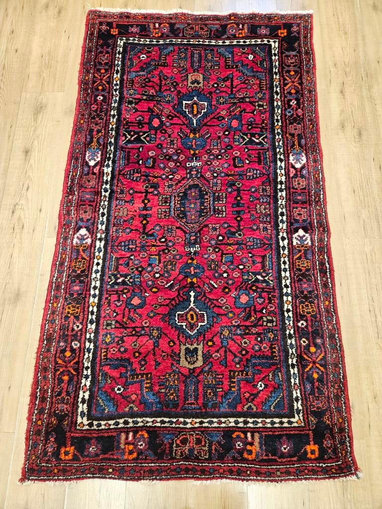 Vintage handgeknoopt perzisch tapijt hamadan 196x106, Info@SlatsAntiek.nl, Tweedehands, 100 tot 150 cm, Perzisch