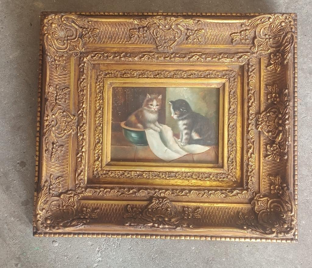 Antiek schilderij: Kittens in sierlijke lijst, Ophalen of Verzenden
