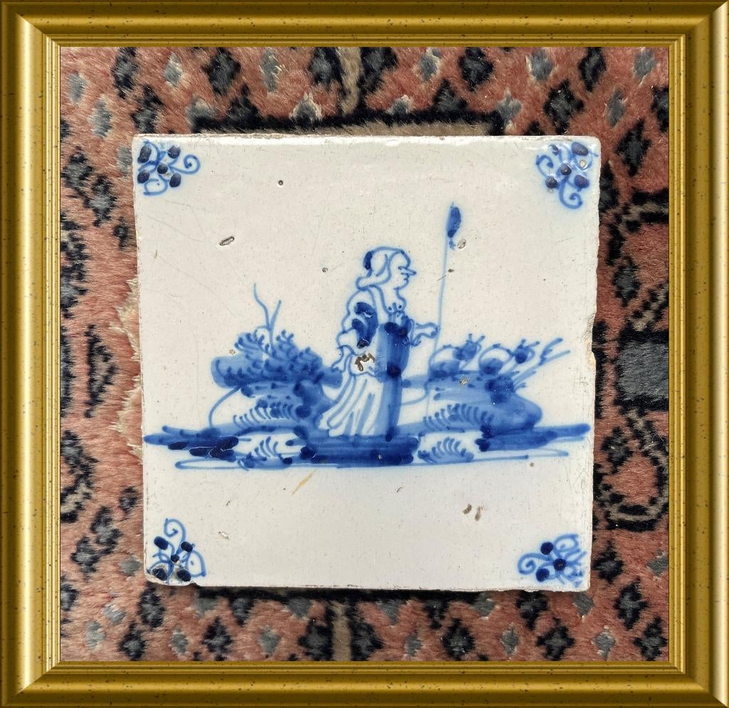 Antieke tegel: herderin, Ophalen of Verzenden