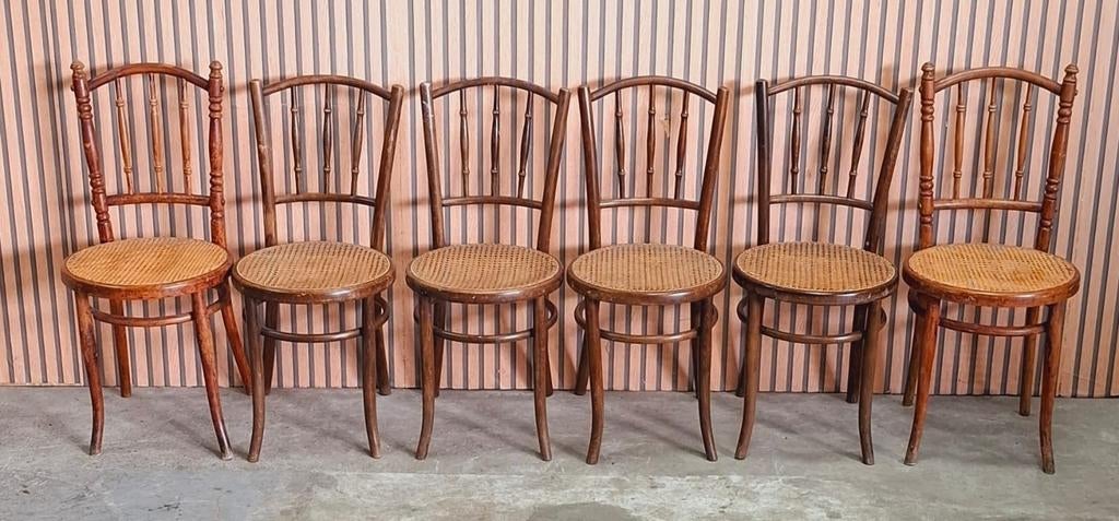 6 x Thonet Fischel webbing stoelen cafe hout cafestoelen, Huis en Inrichting, Stoelen, Bruin, Ophalen of Verzenden, Zo goed als nieuw