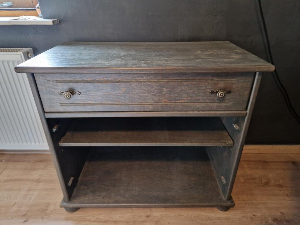 Oude houten kast met 1 lade en plank greywash, Ophalen of Verzenden, Gebruikt