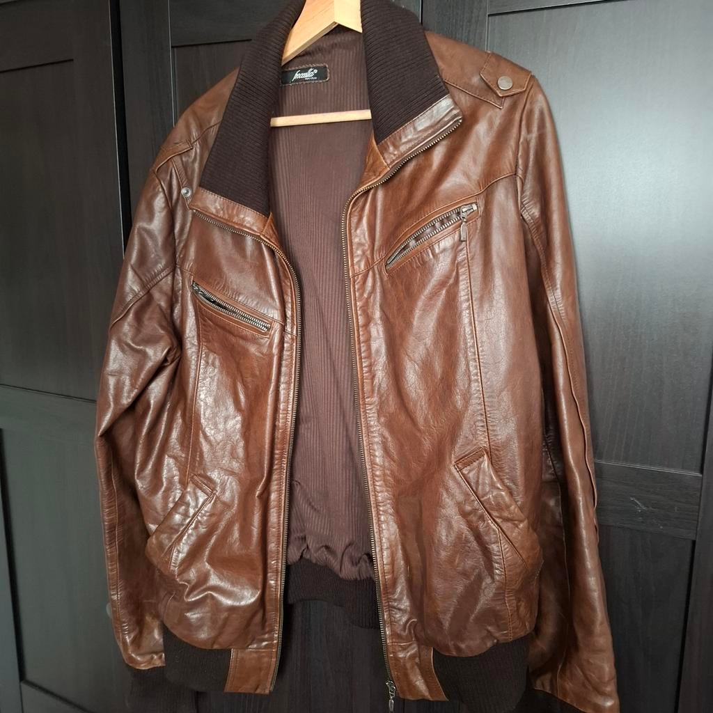 Bruine leren jas - Frocella - Maat L dames en heren, Bruin, Maat 48/50 (M), Ophalen of Verzenden, Zo goed als nieuw