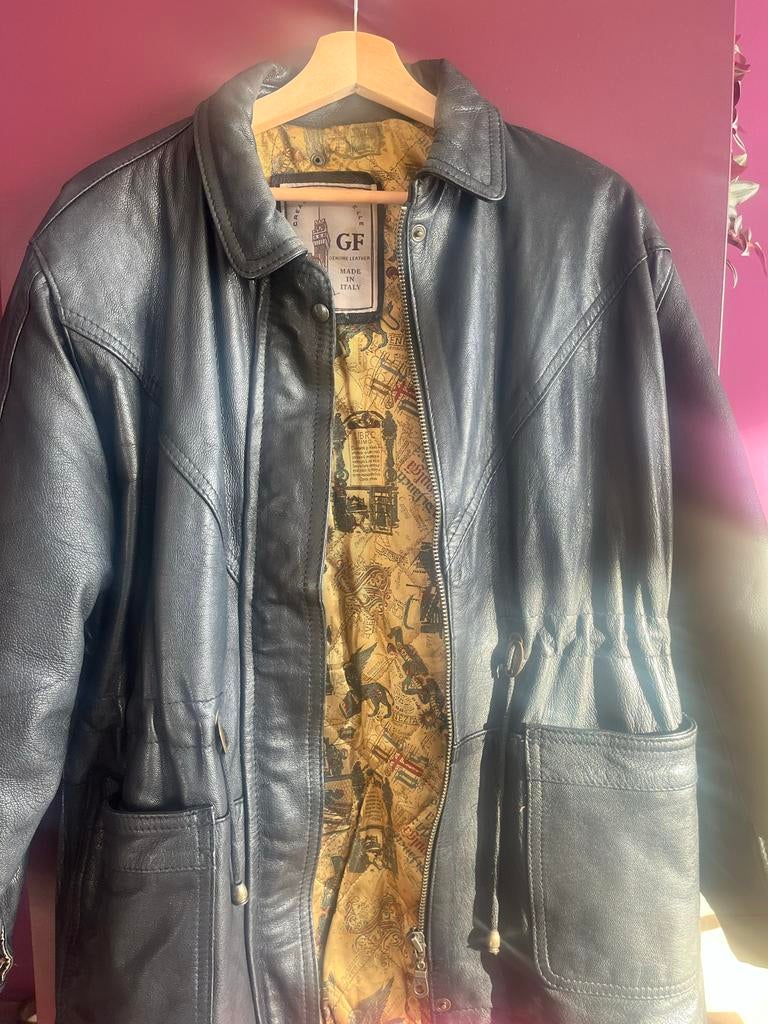 Vintage Italiaanse leren jas jaren '70 - Maat M, Maat 38/40 (M), Zwart, Ophalen of Verzenden, Jasje