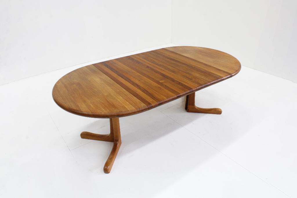 Vintage Deense ronde uitschuifbare tafel massief teak, Ophalen, Gebruikt, Vijf personen of meer, 100 tot 150 cm