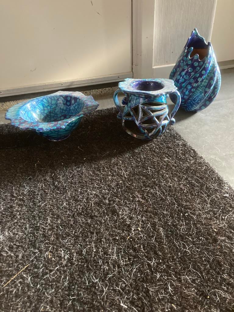 Vintage Diffuser Set - Schaaltje en Vaasje, Gebruikt, Blauw, Aardewerk of Porselein, Ophalen of Verzenden