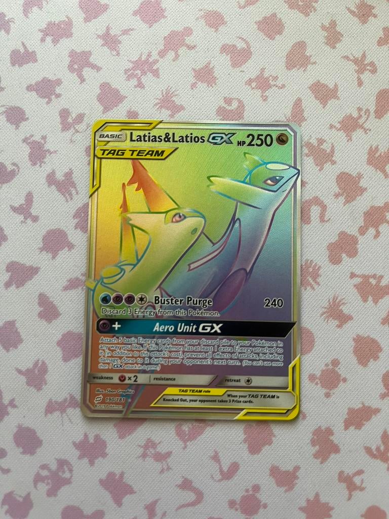 Rainbow Rare Latias & Latios Tag Team GX NM, Hobby en Vrije tijd, Verzamelkaartspellen | Pokémon, Zo goed als nieuw, Losse kaart