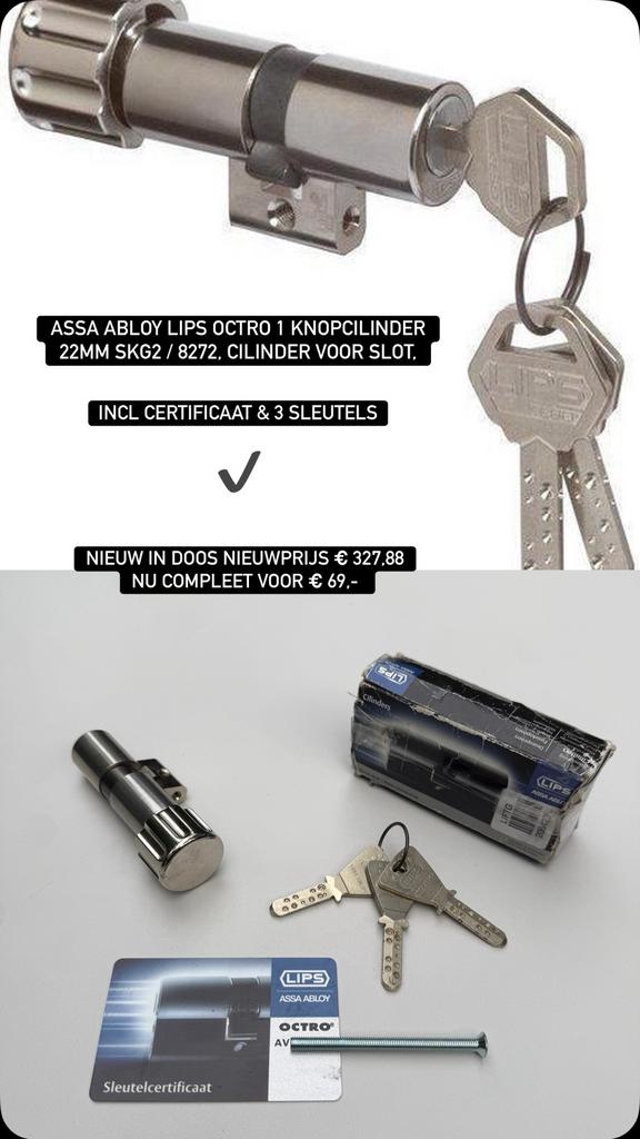 NIEUW LIPS OCTRO 8272 KNOPCILINDER CERTIFICAAT & 3 SLEUTELS, Ophalen of Verzenden, Nieuw, Overige materialen, Slot