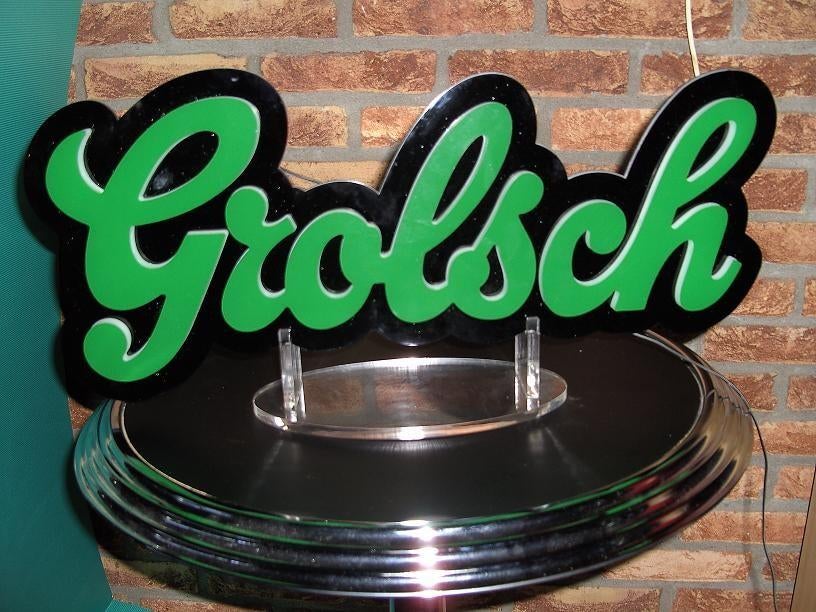 GROLSCH LEDVERLICHTING OP KUNSTOF DISPLAY VOOR MANCAVE, Ophalen, Zo goed als nieuw, Reclamebord, Plaat of Schild, Grolsch