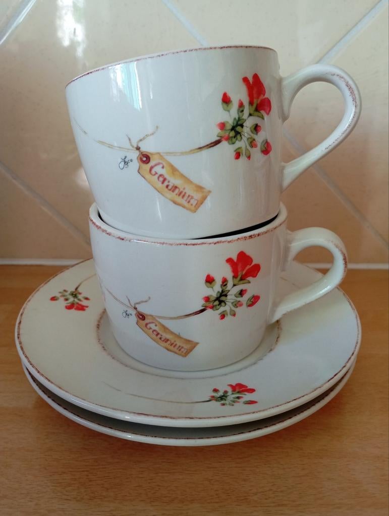 Jet ter Steege 2 kop & schotels Geranium, Ophalen of Verzenden, Zo goed als nieuw, Overige stijlen, Kop(pen) en/of Schotel(s)