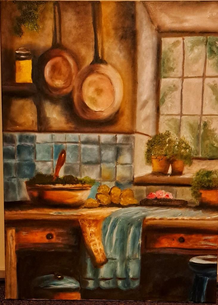 AZRAtelier Schilderij in olieverf: Rustieke Keuken Scène, Antiek en Kunst, Kunst | Schilderijen | Klassiek, Verzenden