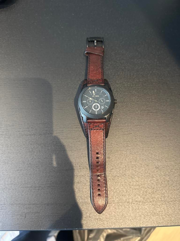 Fossil horloge met bruin leren bandje, Overige merken, Staal, Polshorloge, Ophalen of Verzenden