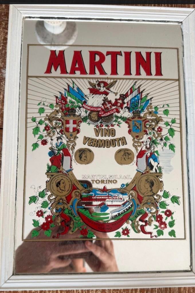 Vintage Martini spiegel met houten frame, Ophalen of Verzenden, Rechthoekig, Minder dan 50 cm, Minder dan 100 cm