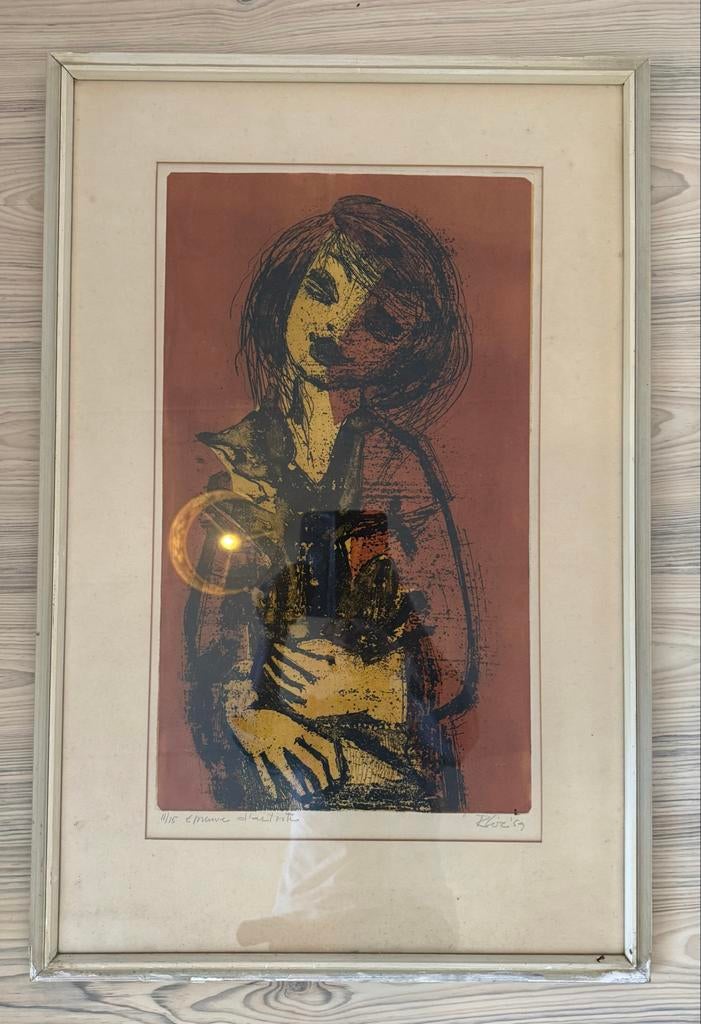 Schilderij met meisje en poes, Ophalen of Verzenden