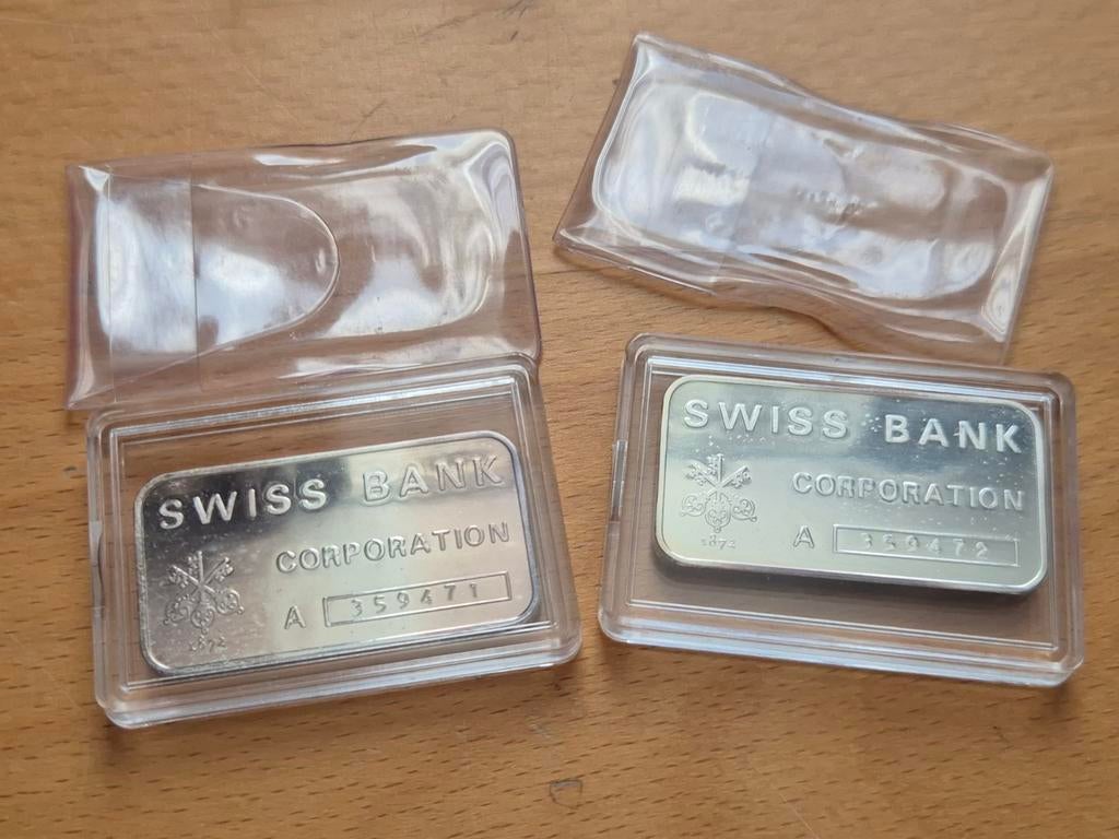 Swiss Bank Corp. 2 x 1 oz Vintage Silver Bar. Zilverbaar., Ophalen of Verzenden, Zilver