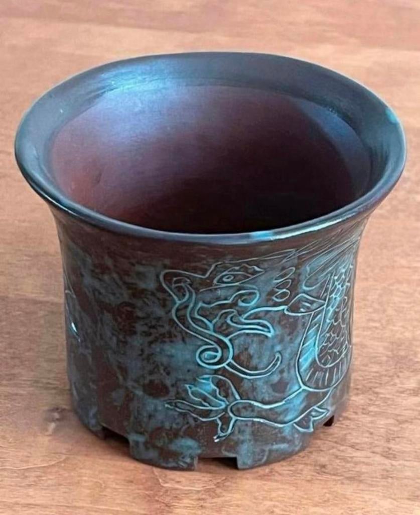 Bonsai pot handgemaakt Draak gedecoreerd aardewerk 11,3x9, Tuin en Terras, Rond, Nieuw, Ophalen of Verzenden, Aardewerk