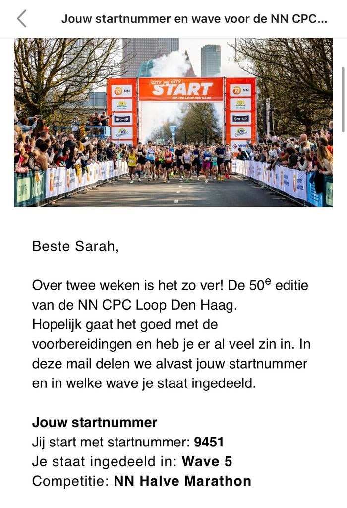 Startbewijs CPC loop halve marathon Den Haag, Eén persoon, Ticket of Toegangskaart