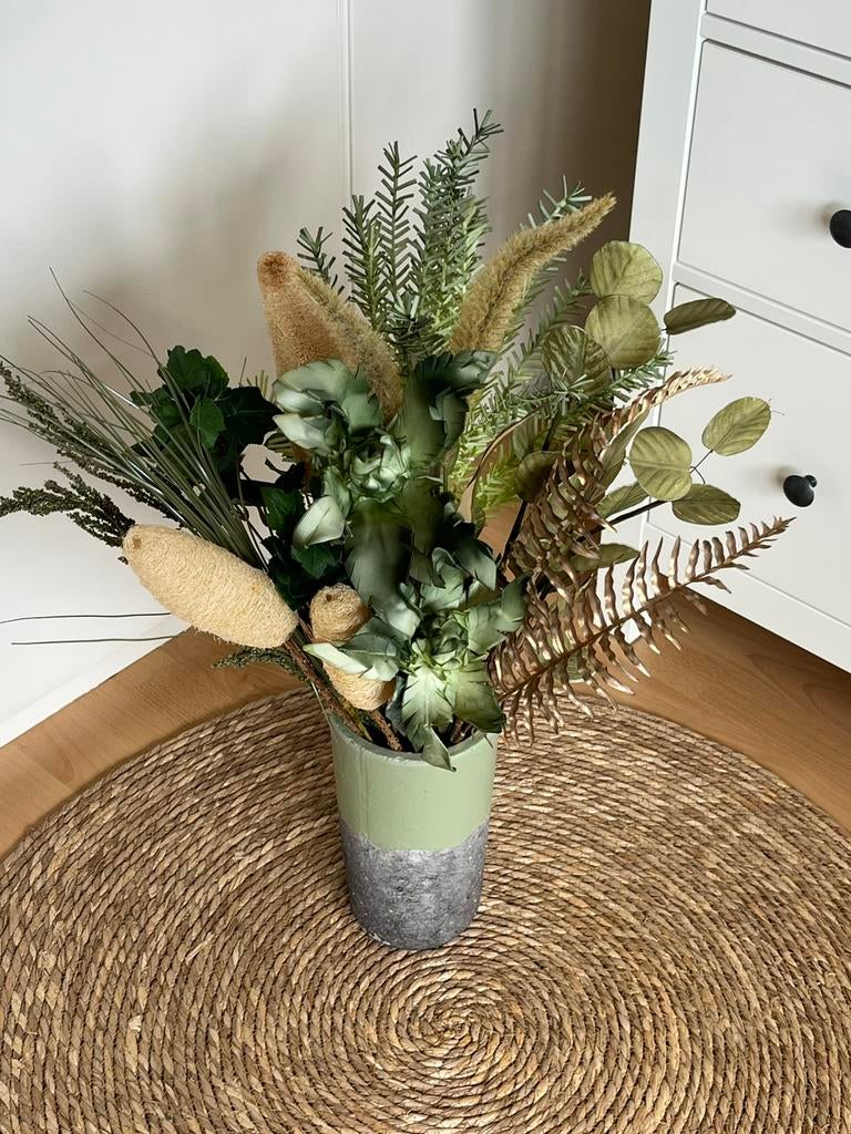 Leuke groene/ goud en creme kunstbloemen in aparte vaas, Binnen, Groen, Ophalen of Verzenden, Zo goed als nieuw