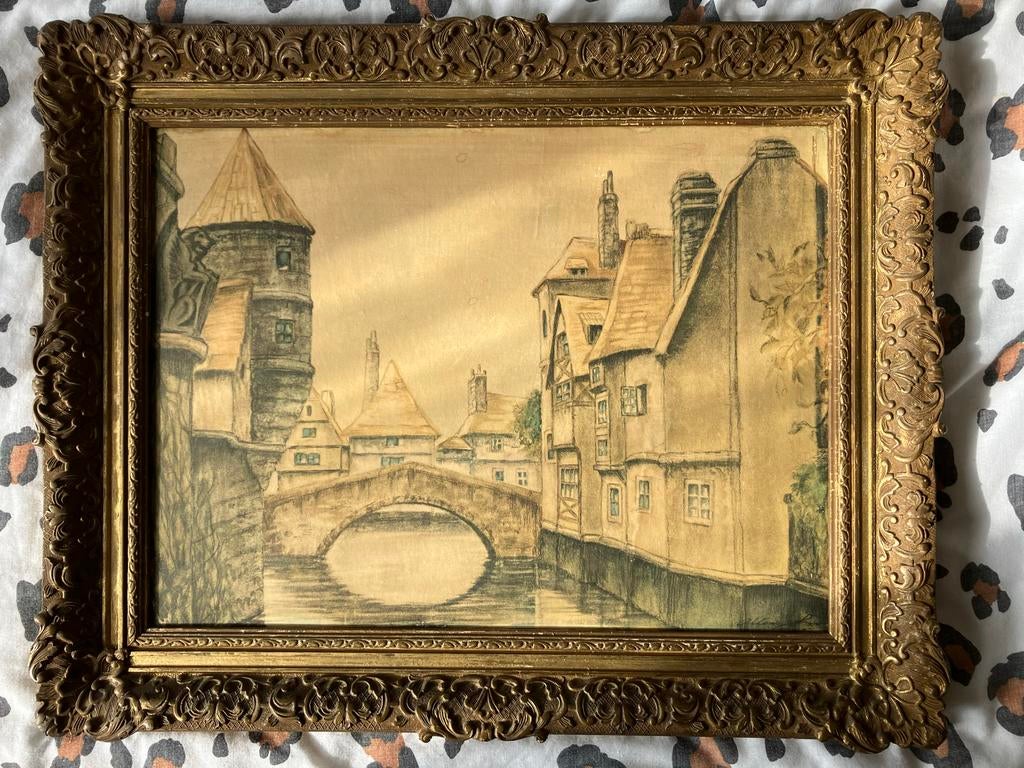 Antiek schilderij van Brugge, gesigneerd, in sierlijke lijst, Antiek en Kunst, Kunst | Schilderijen | Klassiek, Ophalen