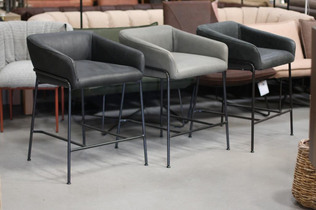 3 x luxe barstoel Jolly Jess design metaal & leer barkruk, Ophalen, Met voetsteun, 60 tot 90 cm, Zo goed als nieuw