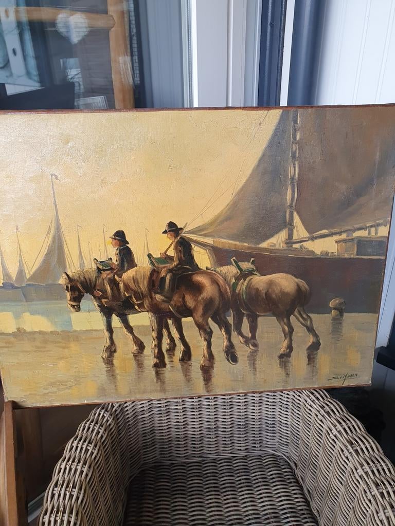 Schilderij met paarden en zeilschepen, Ophalen of Verzenden