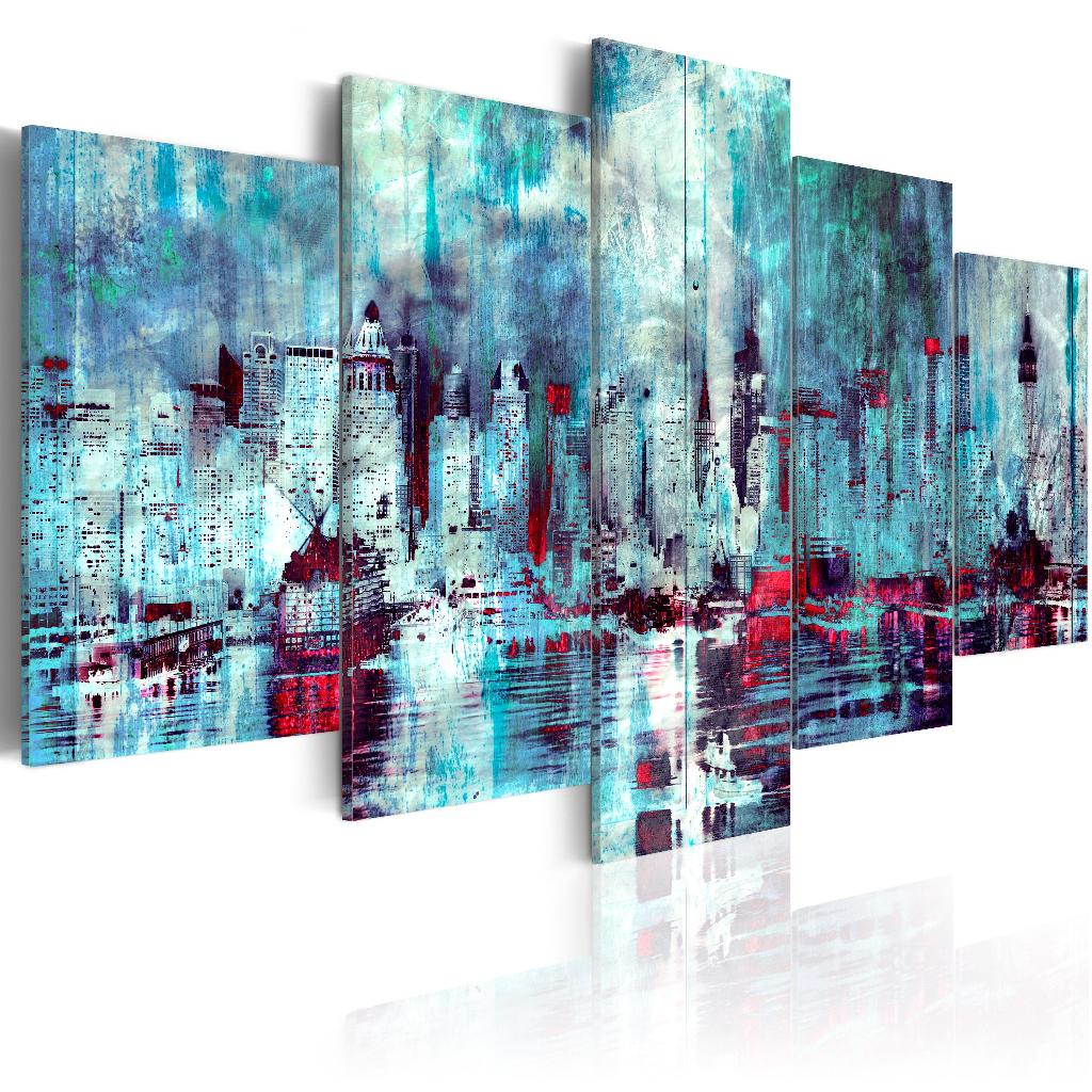 857 Abstract Blauw Skyline 5 Luik Canvas Schilderij 200x100, Nieuw, 125 cm of meer, Ophalen of Verzenden, Schilderij