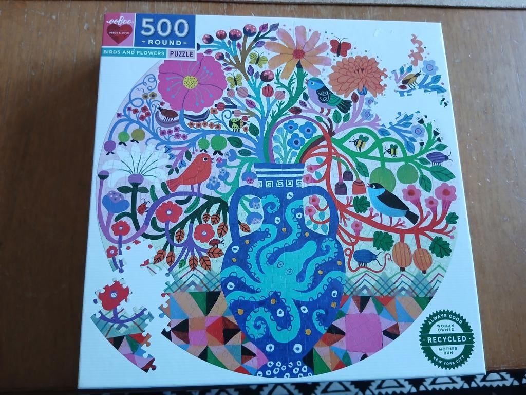 Eeboo Ronde Legpuzzel 500 Stukjes - Birds and Flowers, Ophalen of Verzenden, 500 t/m 1500 stukjes, Zo goed als nieuw, Legpuzzel