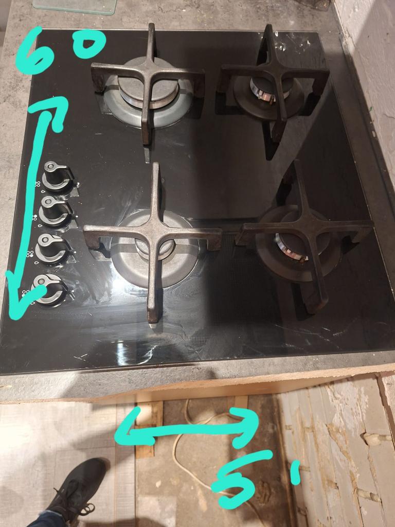 Zwart glazen gaskookplaat 4-pits (60x51cm), Witgoed en Apparatuur, Kookplaten, Ophalen, Gebruikt, 4 kookzones, Inbouw