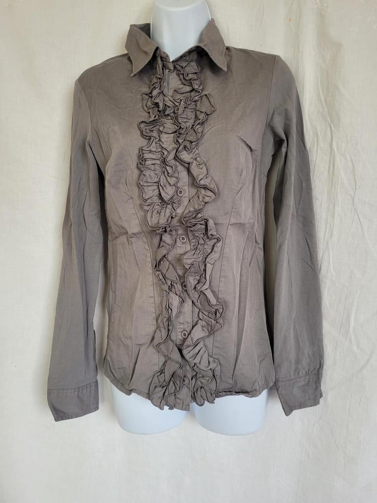 Mooie grijze katoenen blouse, roesjes mt M European Culture, Maat 38/40 (M), ., Ophalen of Verzenden, Zo goed als nieuw