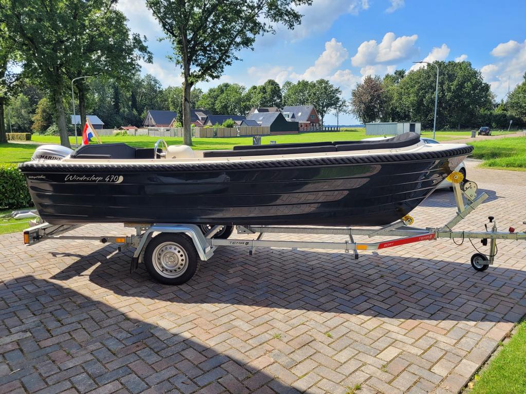 Wiedesloep 470 incl. Yamaha 9.9 pk + trailer + biminitop, Watersport en Boten, Sloepen, Ophalen, Gebruikt, Tot 10 pk, 3 tot 6 meter