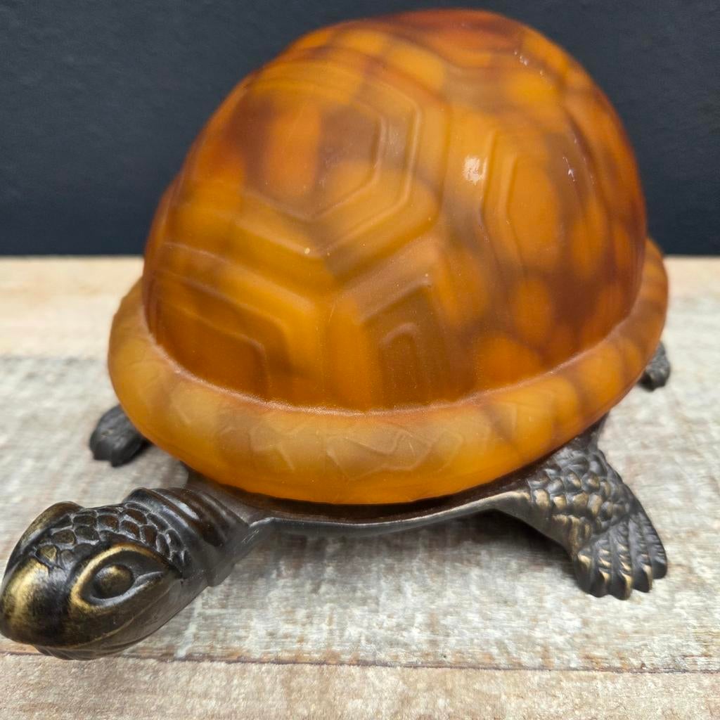 Tiffany Stijl Glazen Schildpad Lamp met Bronzen Armatuur, Antiek en Kunst, Antiek | Lampen, Ophalen of Verzenden