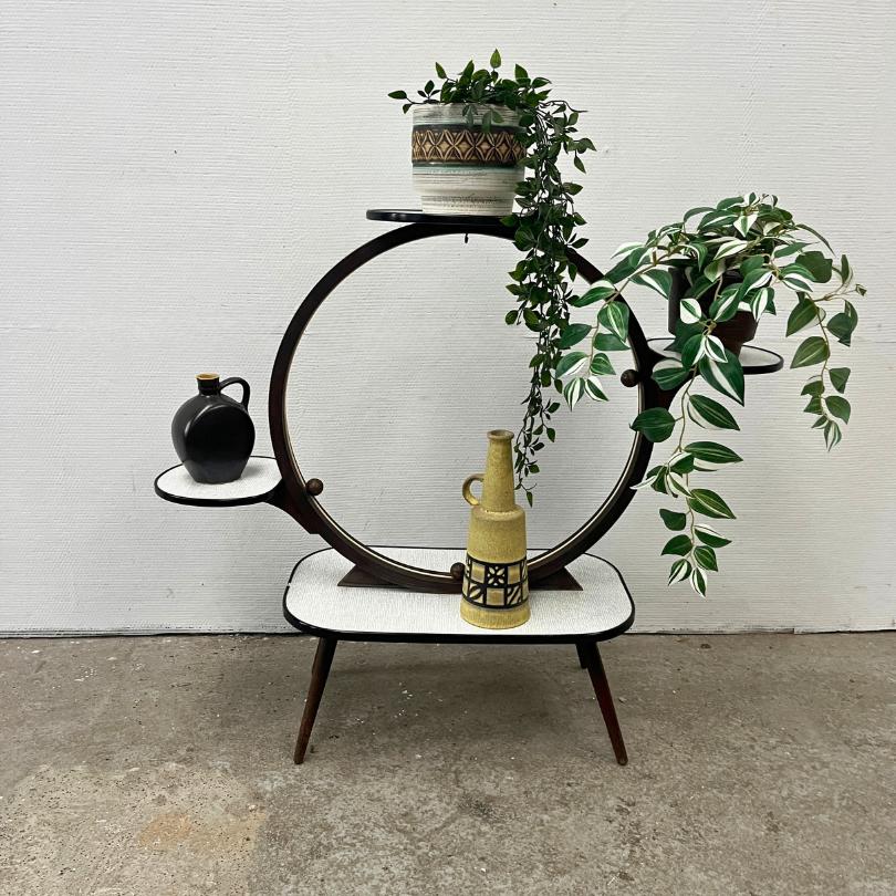 Vintage, cirkelvormige plantentafel met etages in zwart-wit, Ophalen, Gebruikt, Onbekend, Wit