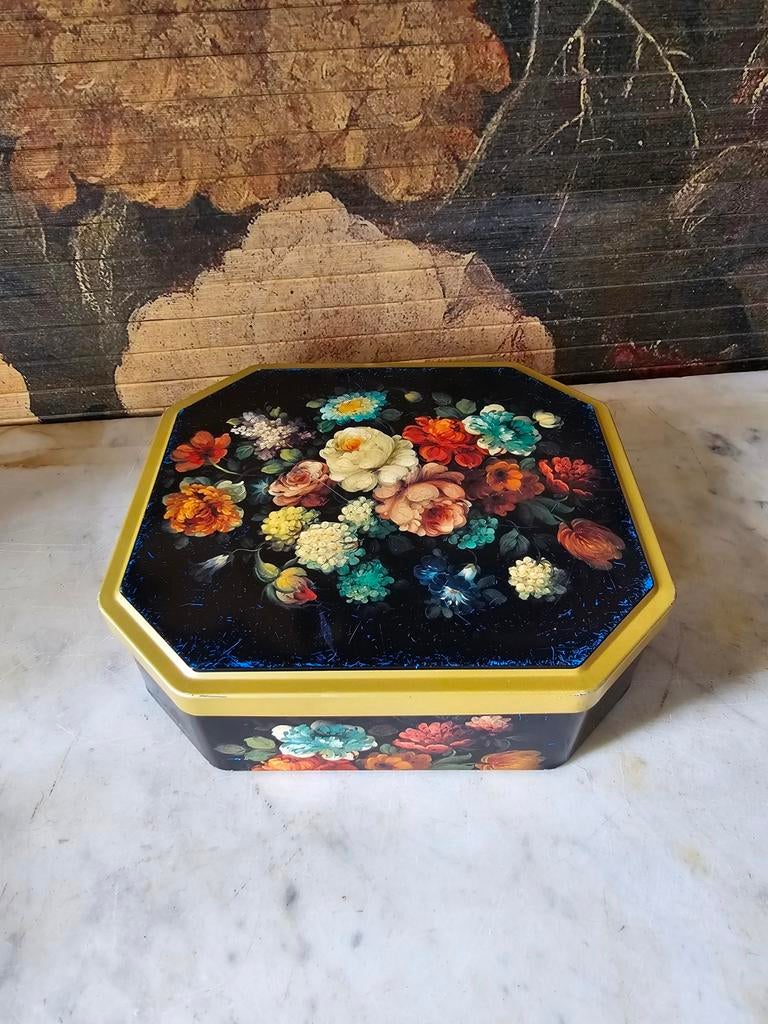 Oud blikken trommel floraal decor, Verzamelen, Ophalen of Verzenden, Gebruikt, Overige