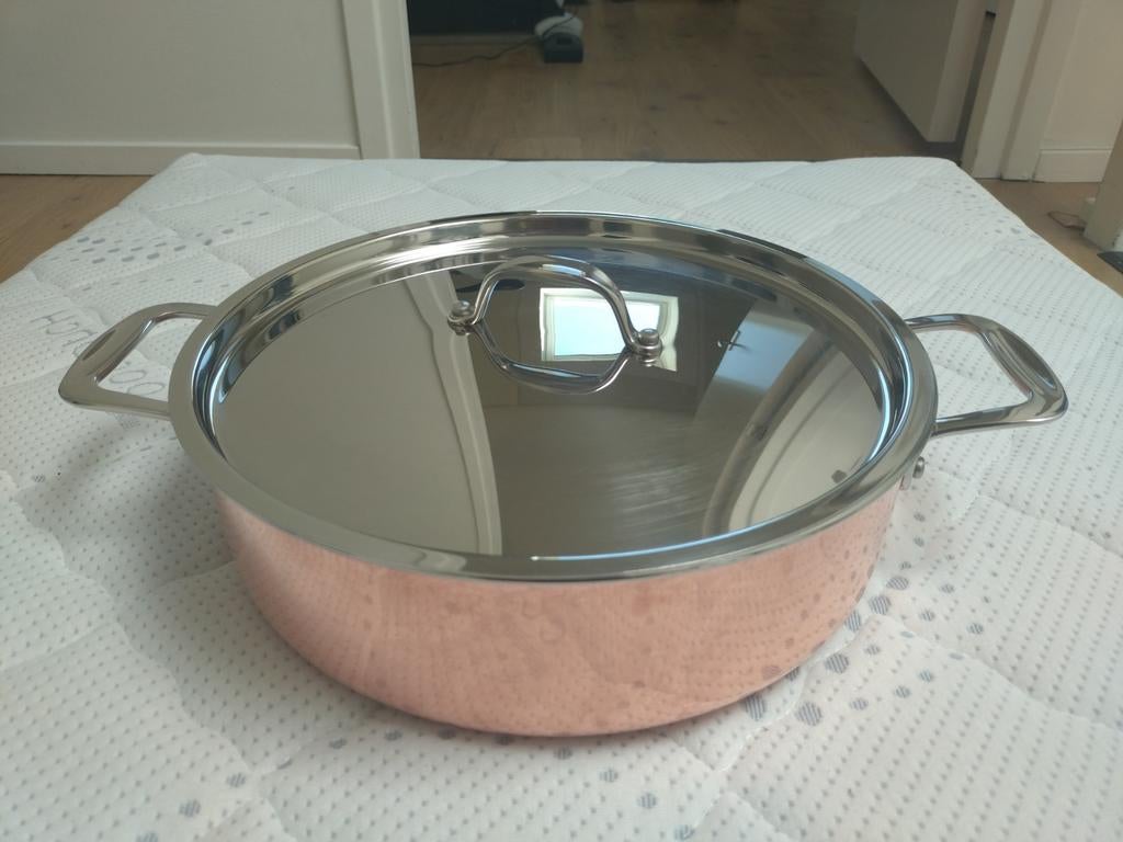 Braadpan koper Ø28cm met deksel - 4 liter, Ophalen of Verzenden, Zo goed als nieuw, Rvs, Keramische plaat