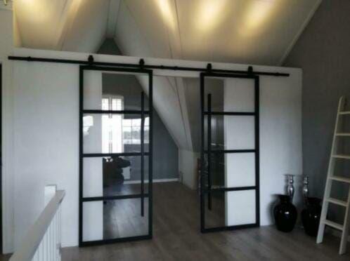 dubbele deur schuifdeur staal glas industrieel hout barn, Ophalen, -, -, Nieuw
