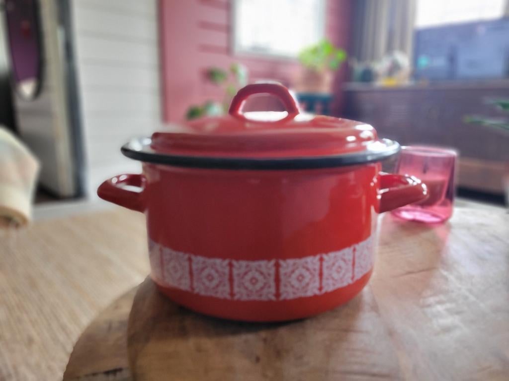 Vintage emaille pan - rood met wit decor, 20 cm, Ophalen of Verzenden