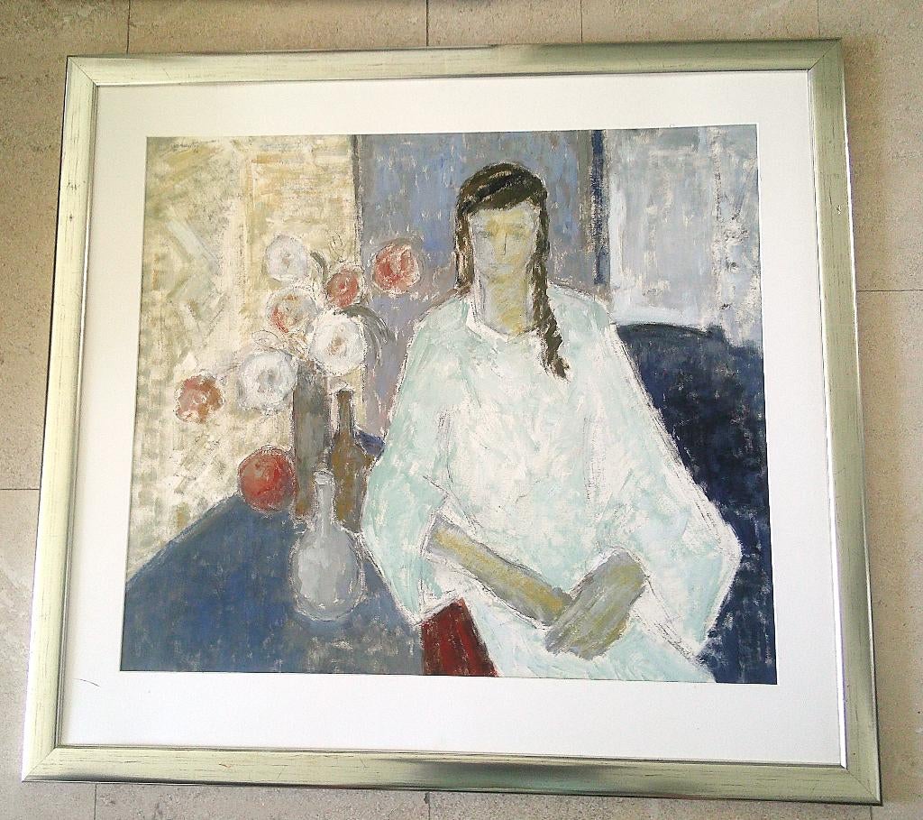 Vrouw in het wit met  bloemen '87 - Jelle Hoogstra 1924-2003, Antiek en Kunst, Ophalen of Verzenden