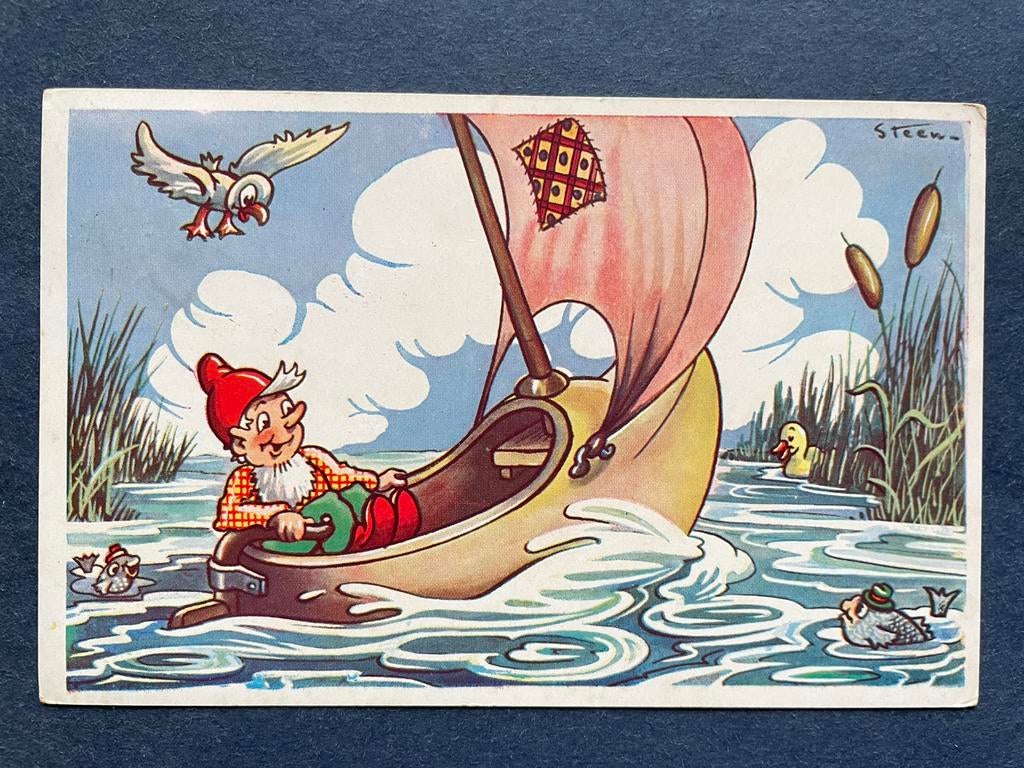 Kabouter in zeilboot van klomp Pax Steen, Ophalen of Verzenden, 1940 tot 1960, Gelopen, Overige thema's