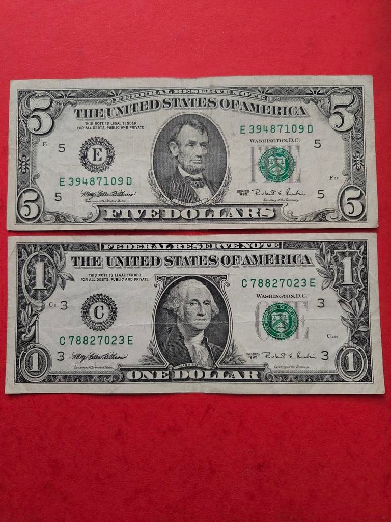 1 en 5 dollars USA set 1995 jaar, Postzegels en Munten, Bankbiljetten | Amerika, Ophalen of Verzenden, Noord-Amerika, Setje
