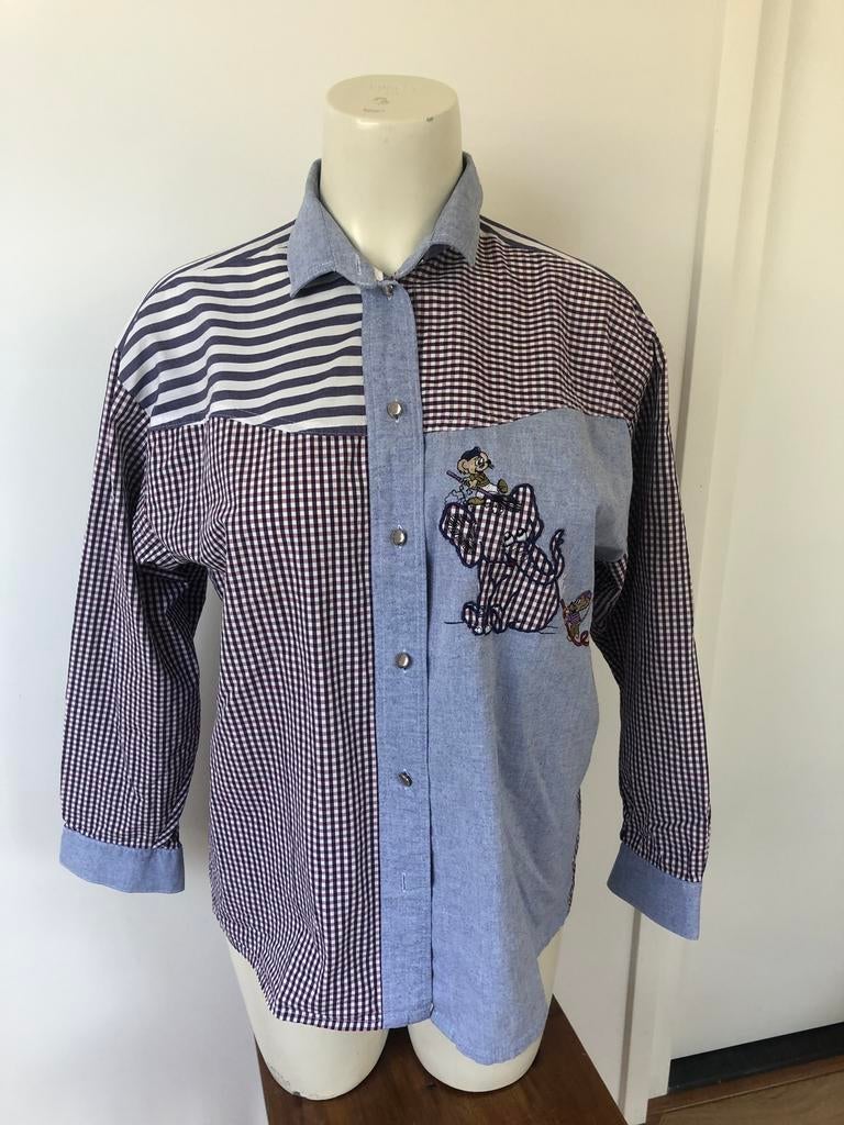 Biche vintage overhemd blouse olifant ruitjes blauw roze m, Maat 38/40 (M), Blauw, Ophalen of Verzenden, Zo goed als nieuw