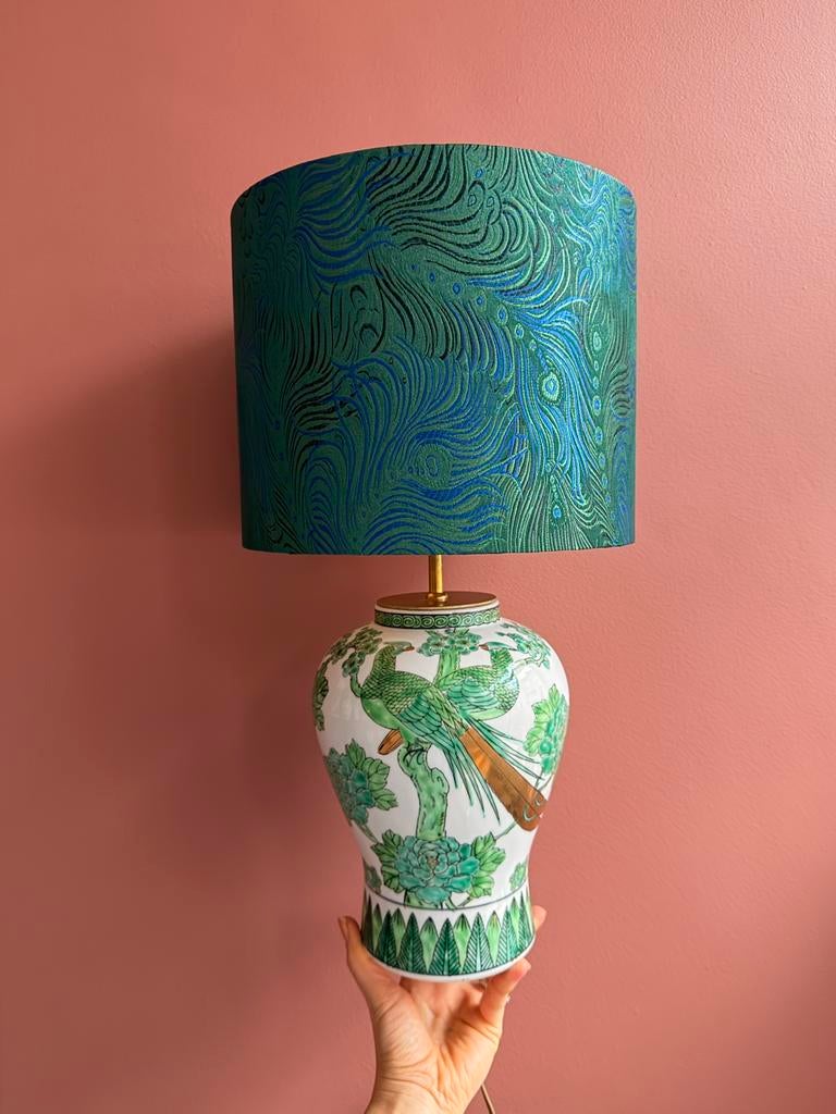 Groene Gold Imari vaas-lamp met groene lampenkap met veren, Ophalen of Verzenden