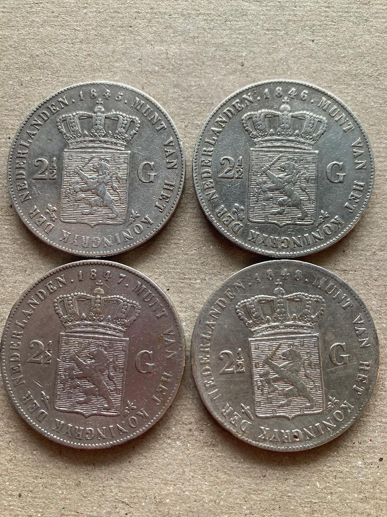 4 zilveren Willem II rijksdaalders 1845-48, Postzegels en Munten, Munten | Nederland, Zilver, 2½ gulden, Koning Willem II, Verzenden