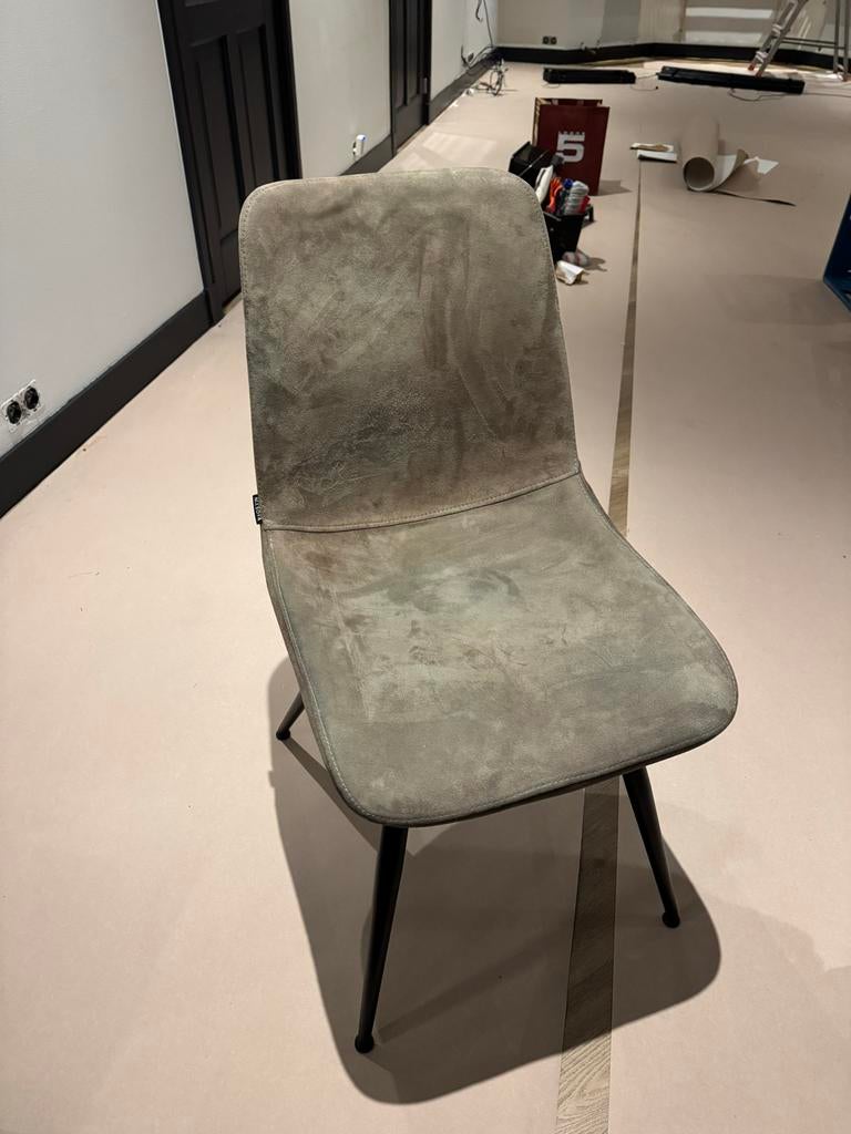 Vier olijfgroene suède eetkamerstoelen, Ophalen, Gebruikt, Overige kleuren, Vier