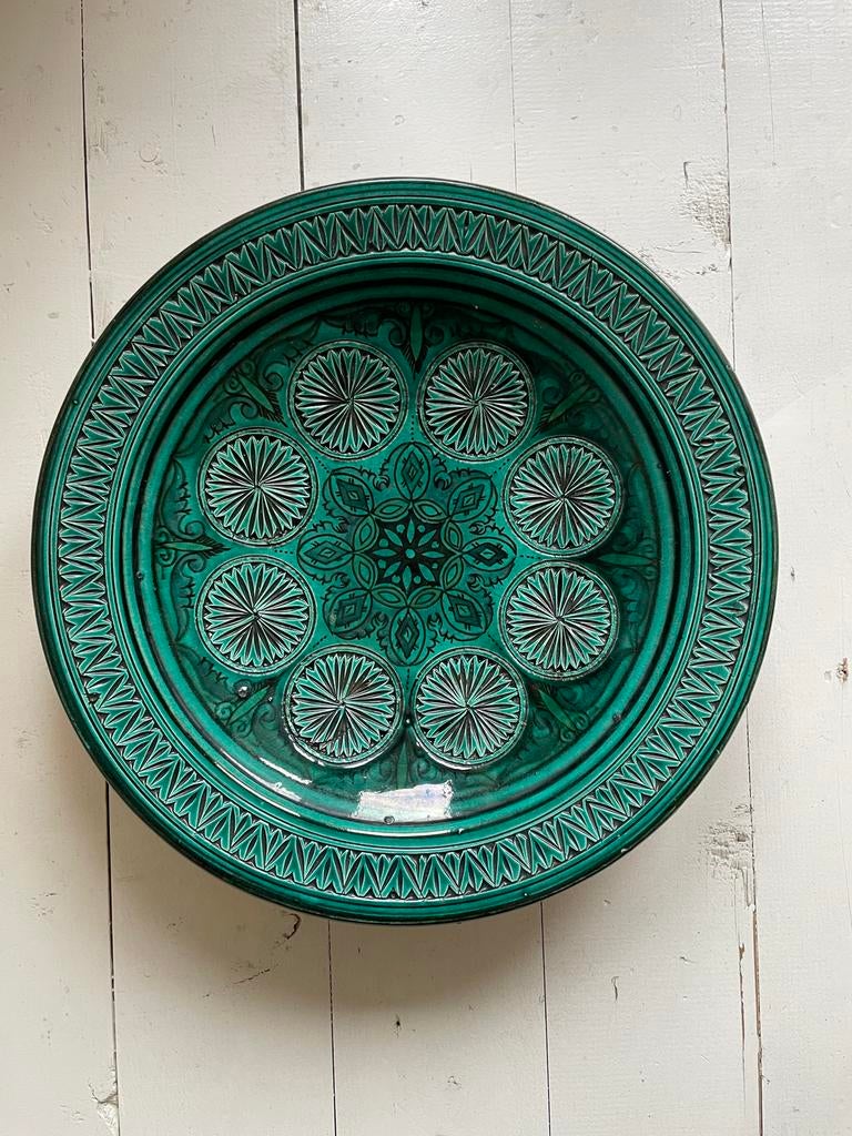 Handgemaakte groen bord uit Safi, Marokko - 42cm, Ophalen, Schaal, Rond, Zo goed als nieuw