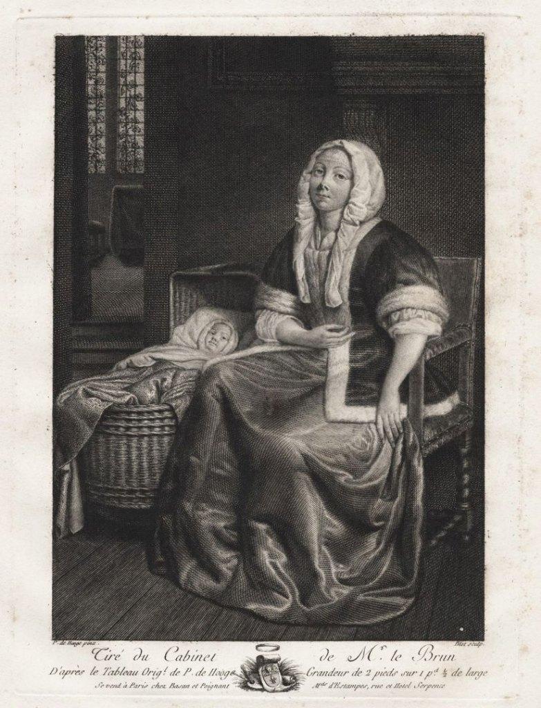 18e‑eeuwse gravure – moeder met kind in wieg – De Hooch, Antiek en Kunst, Kunst | Etsen en Gravures, Verzenden