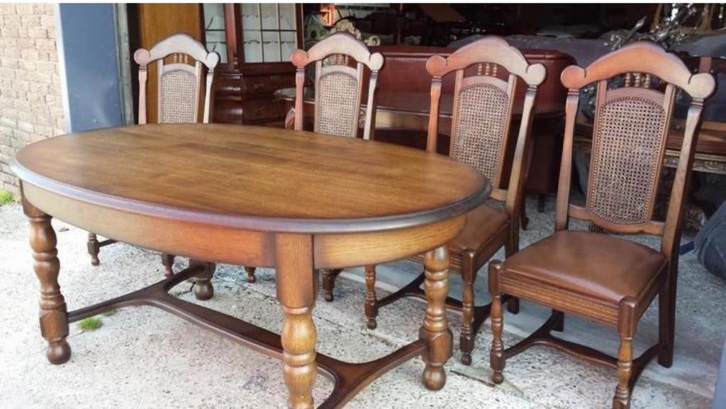 Eetkamer set: Tafel met stoelen, Huis en Inrichting, Stoelen, Ophalen, Gebruikt, Bruin, Stof